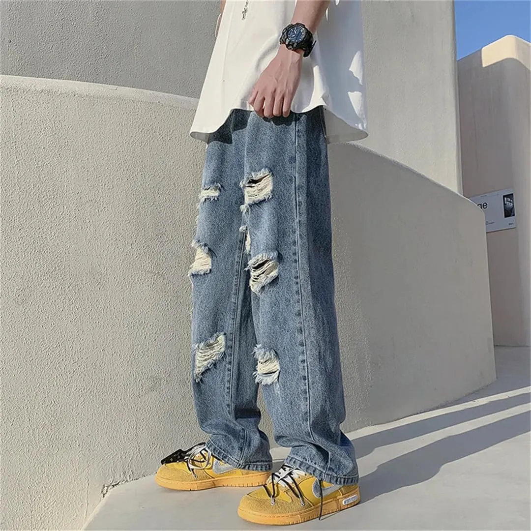 Men Summer Blue Black Ripped Jeans Wide Leg Jeans Streetwear Loose Straight Hole Denim Pants