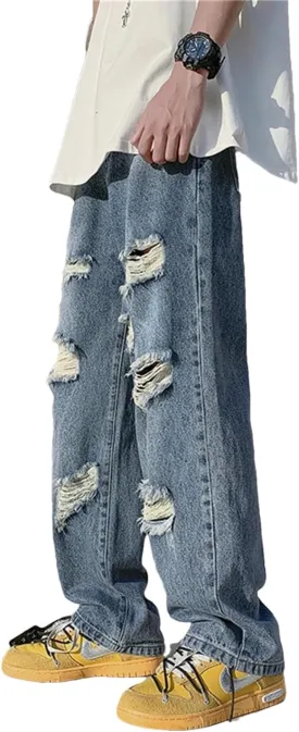 Men Summer Blue Black Ripped Jeans Wide Leg Jeans Streetwear Loose Straight Hole Denim Pants