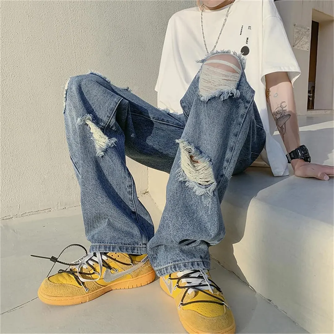 Men Summer Blue Black Ripped Jeans Wide Leg Jeans Streetwear Loose Straight Hole Denim Pants