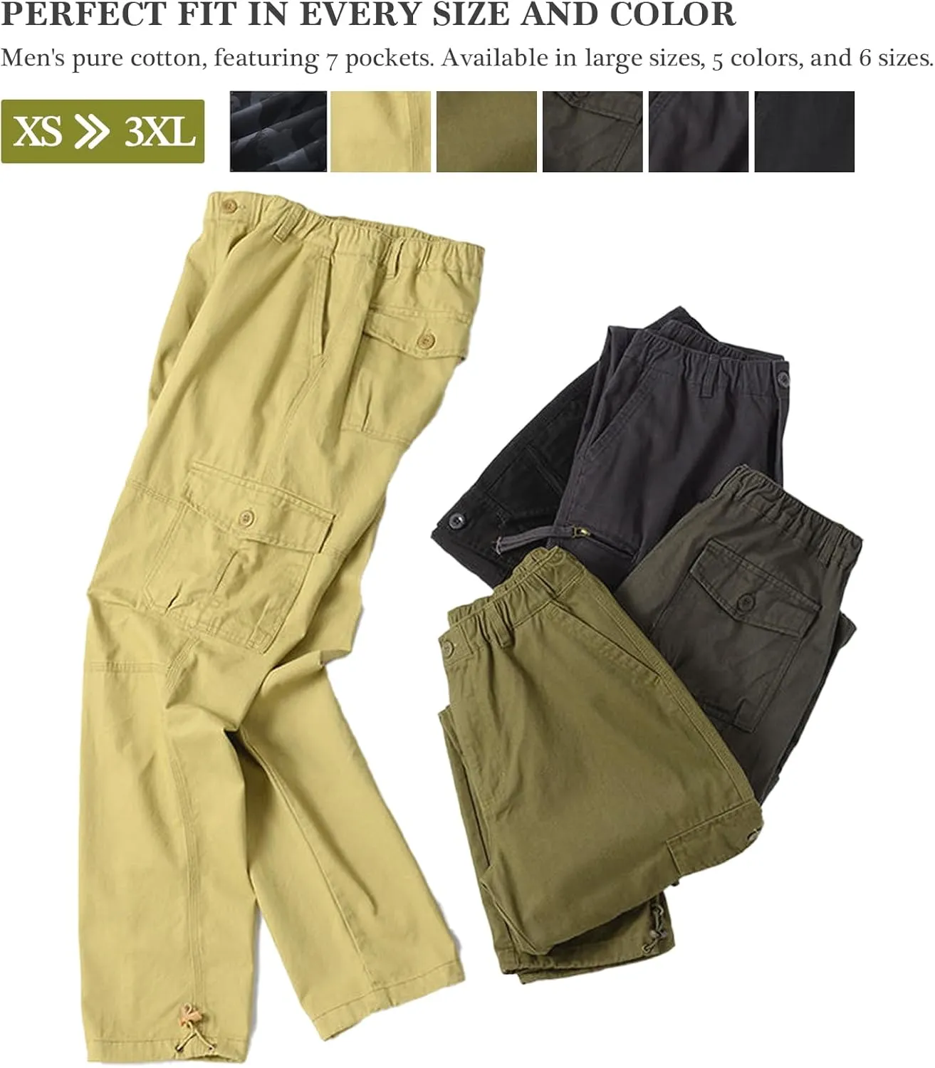 Mens Cargo Pants Elastic Waistband 7 Pockets Hiking Tactical Pants Cotton Cargo Work Pants for Men