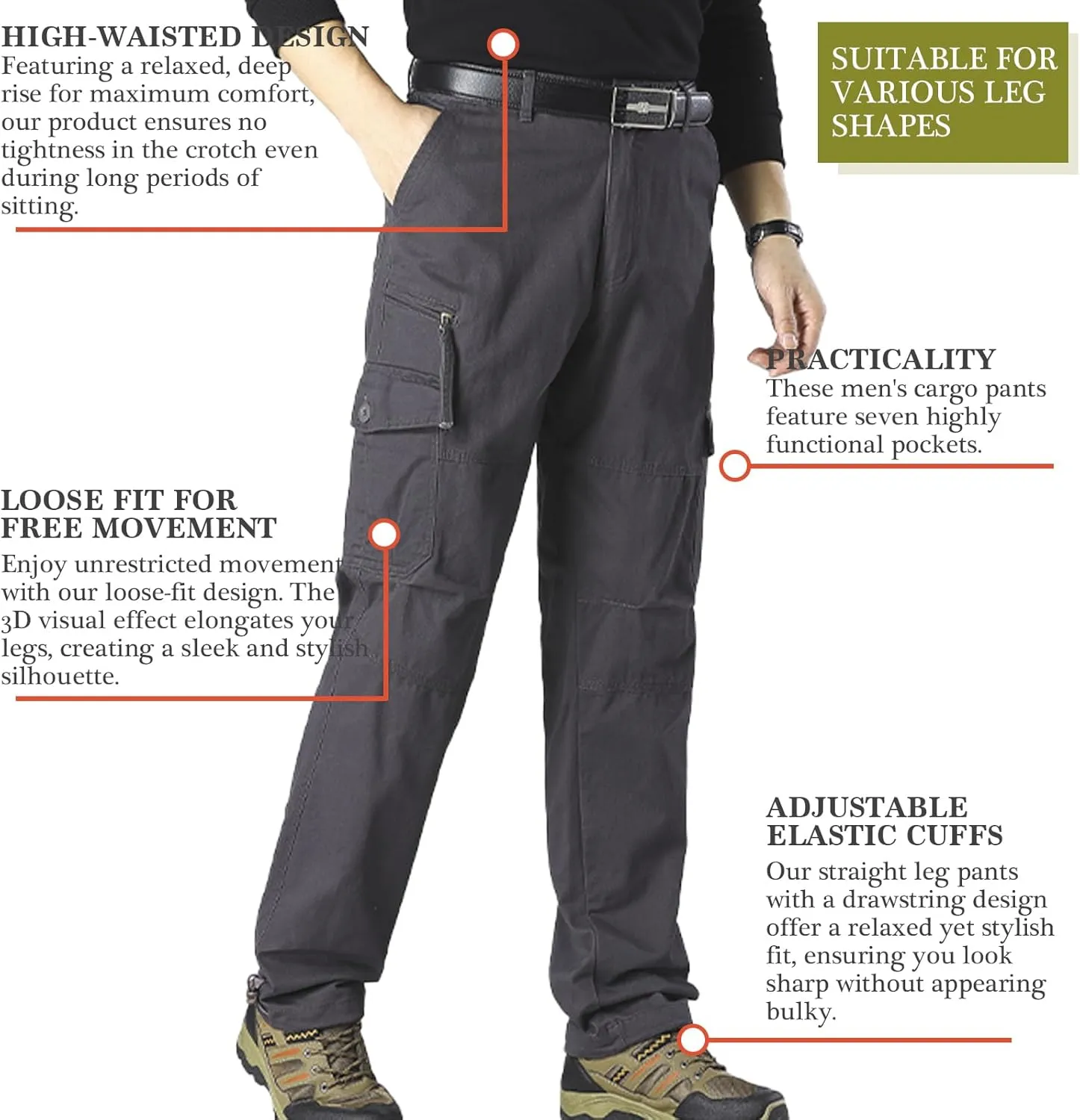 Mens Cargo Pants Elastic Waistband 7 Pockets Hiking Tactical Pants Cotton Cargo Work Pants for Men
