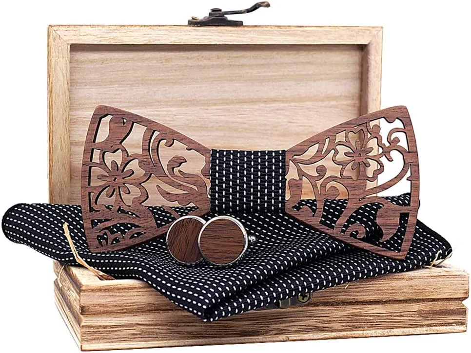 Mens Handmade Wood Hollow Bow Tie with Matching Pocket Square and Men's Wooden Cufflinks Set