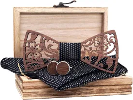 Mens Handmade Wood Hollow Bow Tie with Matching Pocket Square and Men's Wooden Cufflinks Set