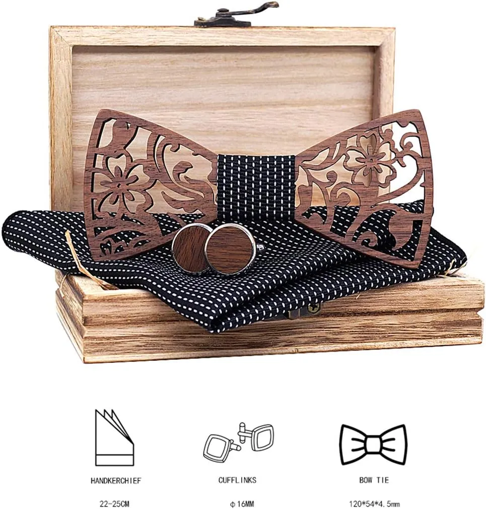 Mens Handmade Wood Hollow Bow Tie with Matching Pocket Square and Men's Wooden Cufflinks Set