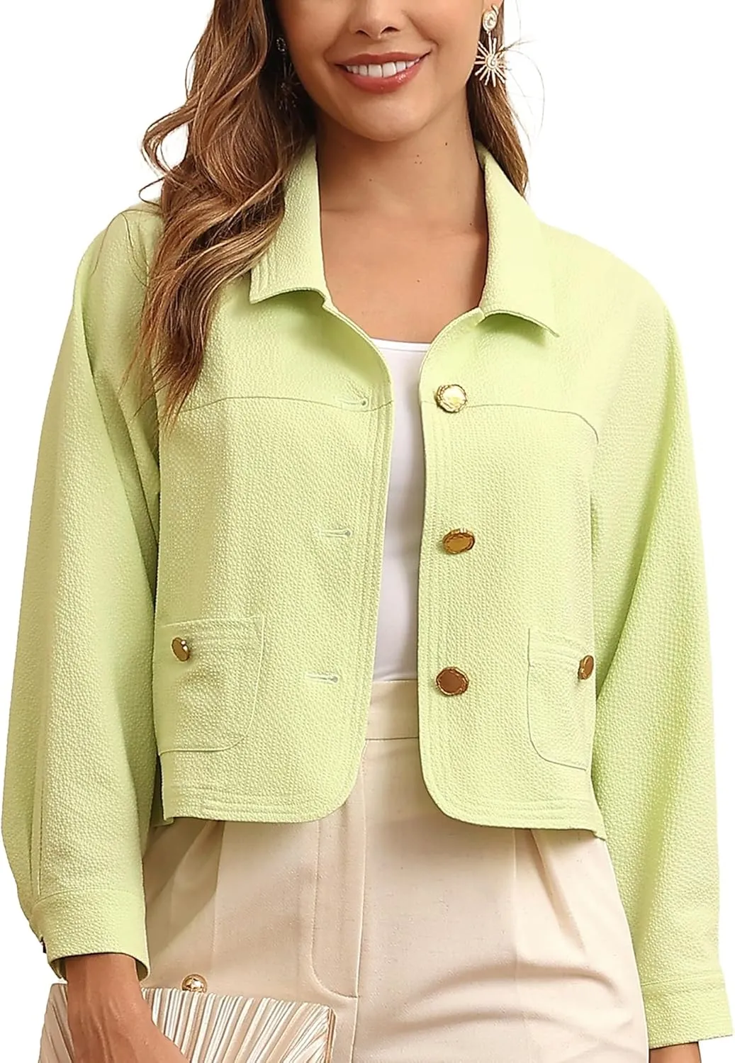M.Infisavo Women Shacket Jackets Textured Elegant Collared Long Sleeve Cropped Shirt Jackets
