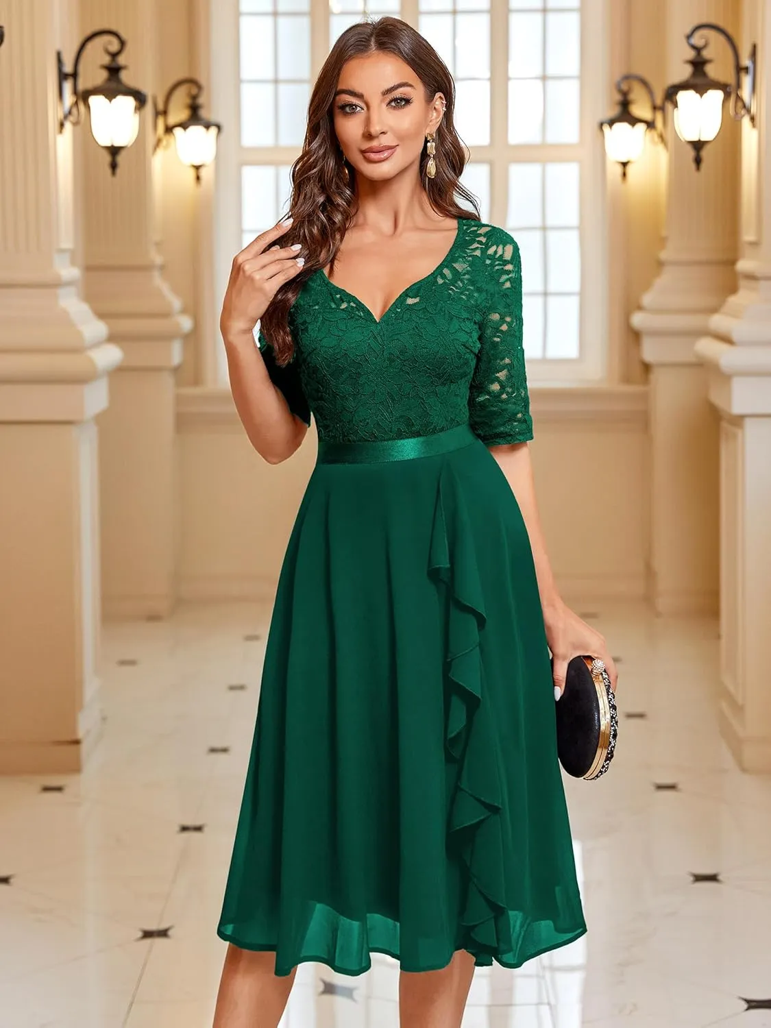 MISSMAY Women's V-Neck Floral Lace Elegant Style Half Sleeve Bridesmaid Party Dress