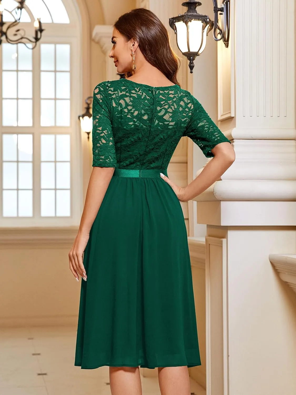 MISSMAY Women's V-Neck Floral Lace Elegant Style Half Sleeve Bridesmaid Party Dress