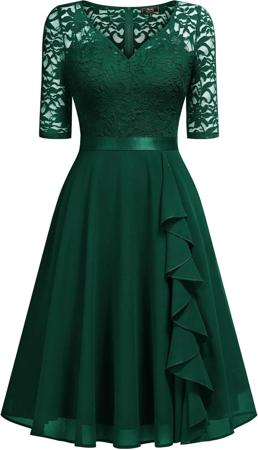 MISSMAY Women's V-Neck Floral Lace Elegant Style Half Sleeve Bridesmaid Party Dress