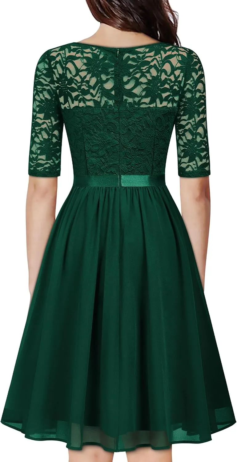 MISSMAY Women's V-Neck Floral Lace Elegant Style Half Sleeve Bridesmaid Party Dress
