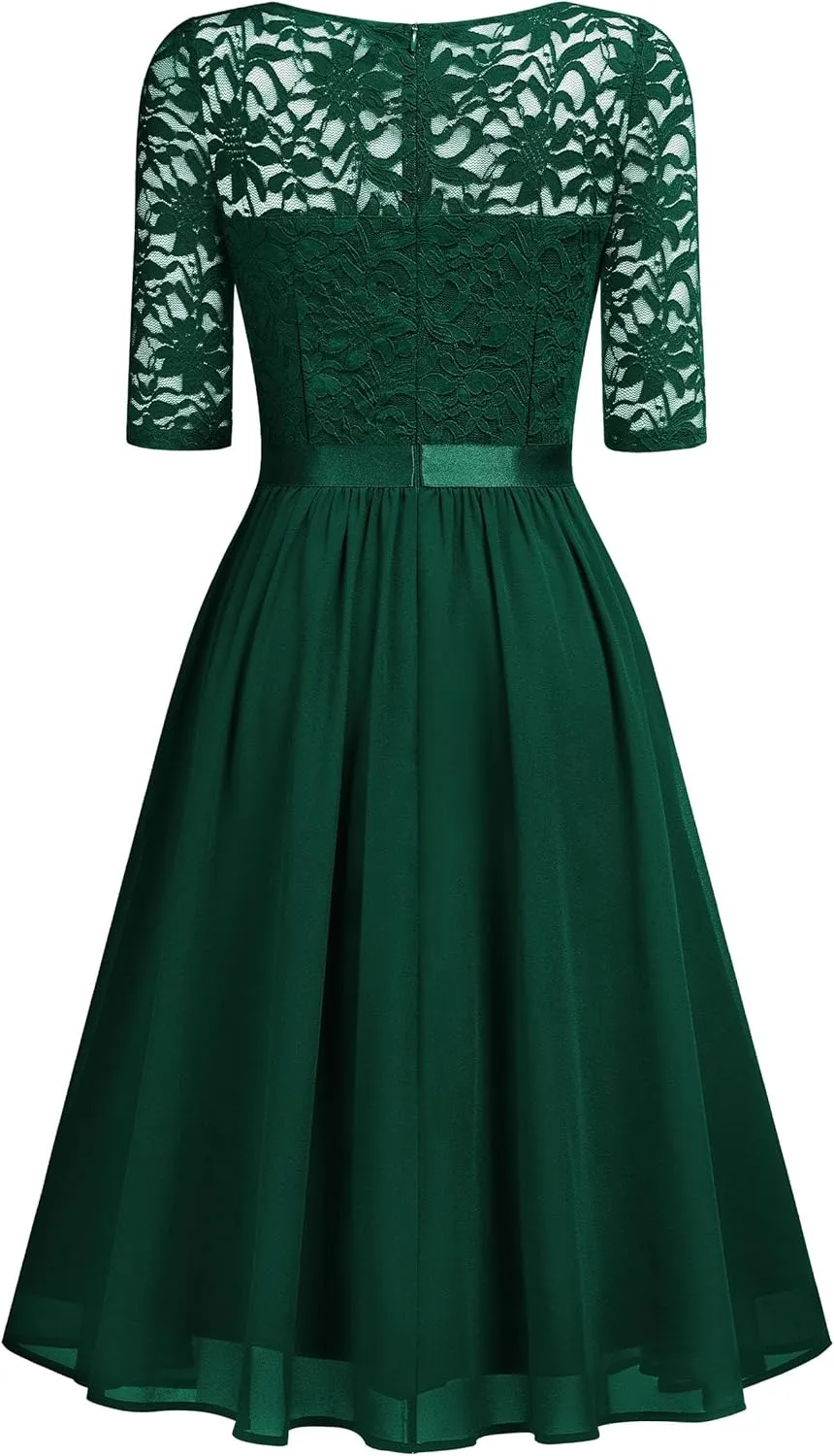 MISSMAY Women's V-Neck Floral Lace Elegant Style Half Sleeve Bridesmaid Party Dress