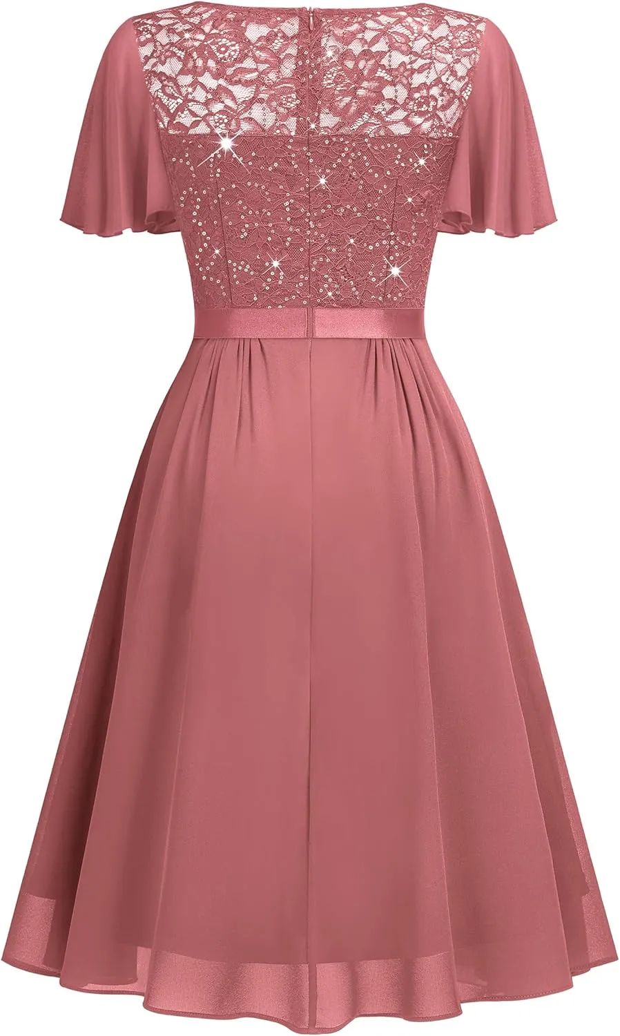 Miusol Women's Sequin Lace V Neck Ruffle Style Cocktail Party Chiffon A-line Dress
