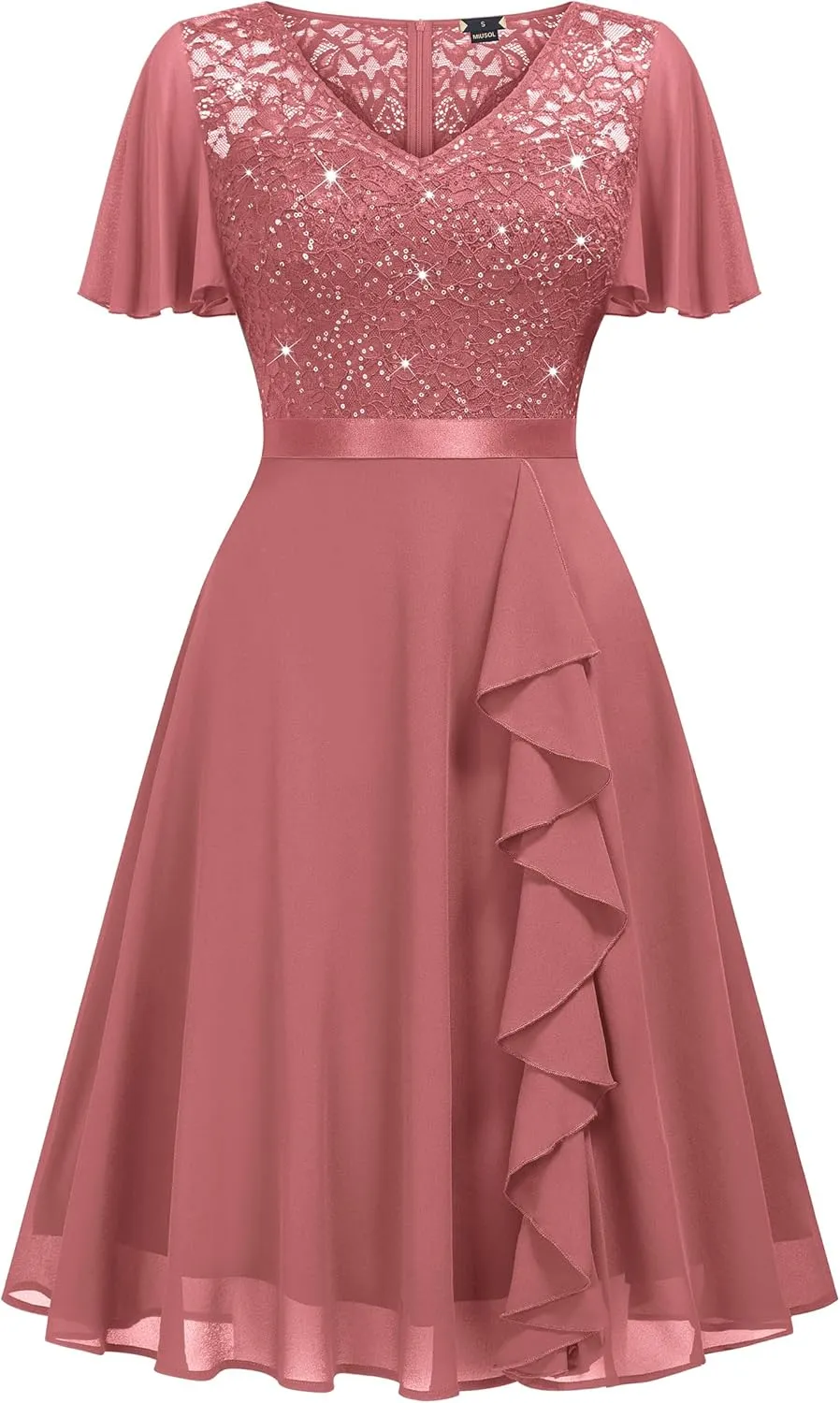 Miusol Women's Sequin Lace V Neck Ruffle Style Cocktail Party Chiffon A-line Dress