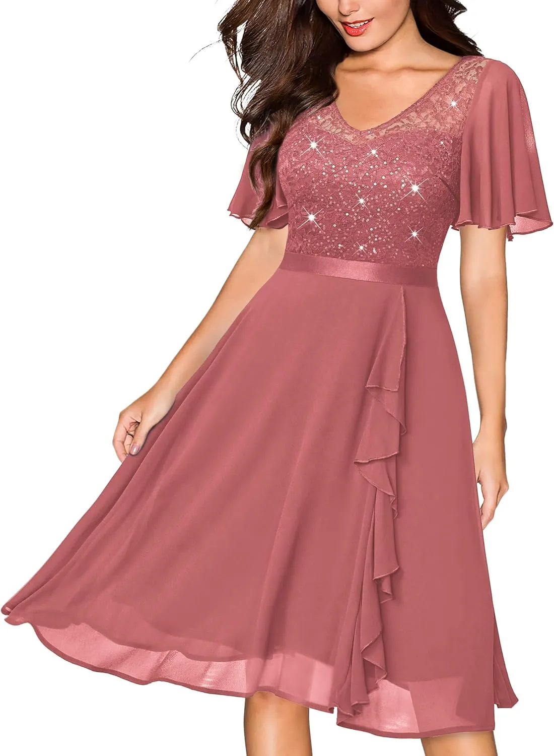 Miusol Women's Sequin Lace V Neck Ruffle Style Cocktail Party Chiffon A-line Dress