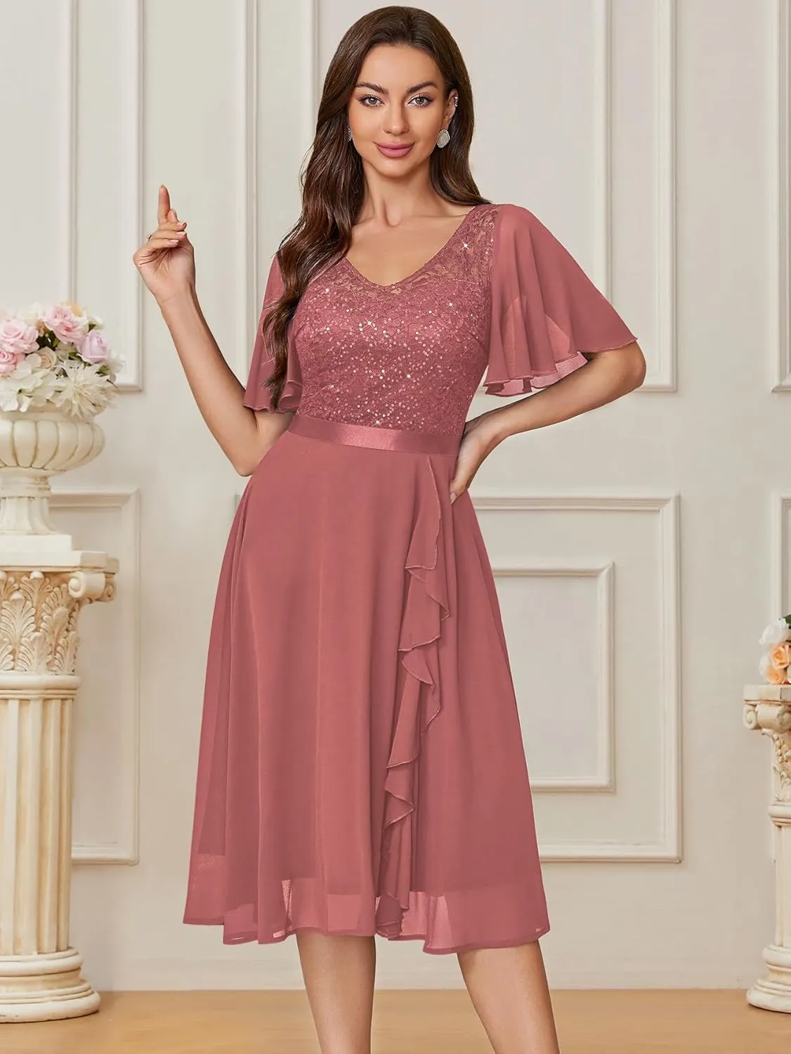 Miusol Women's Sequin Lace V Neck Ruffle Style Cocktail Party Chiffon A-line Dress