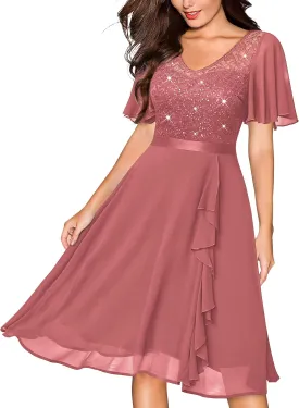 Miusol Women's Sequin Lace V Neck Ruffle Style Cocktail Party Chiffon A-line Dress