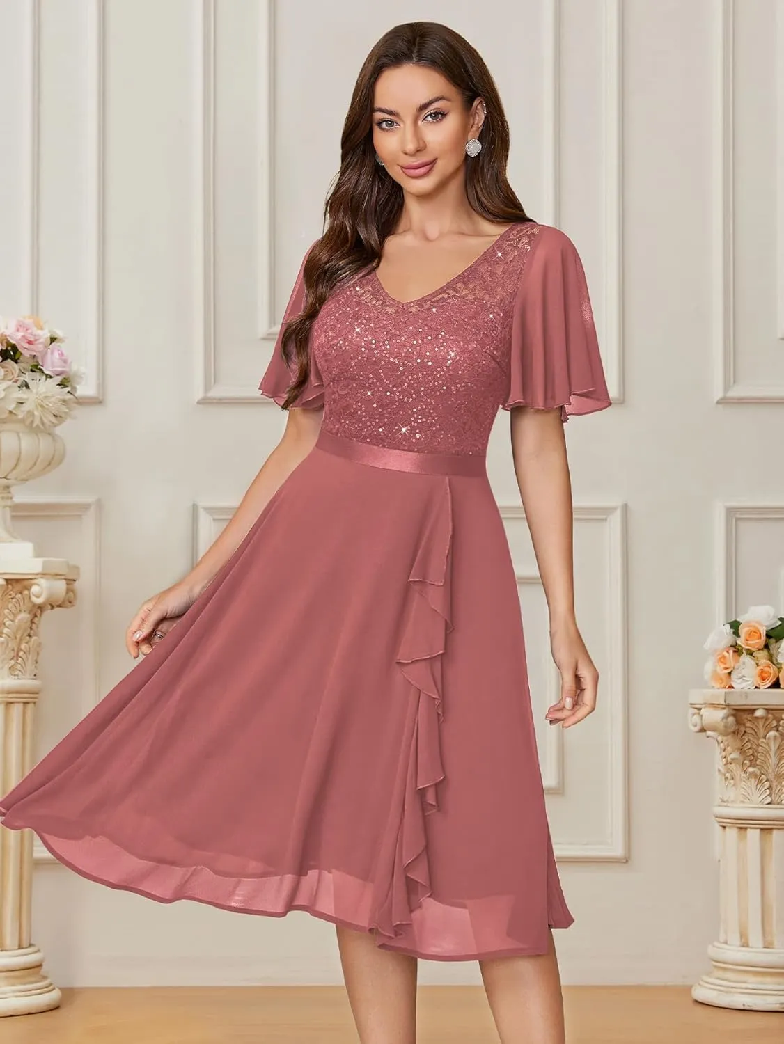 Miusol Women's Sequin Lace V Neck Ruffle Style Cocktail Party Chiffon A-line Dress