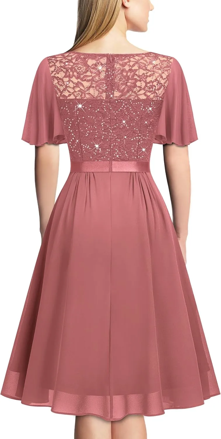 Miusol Women's Sequin Lace V Neck Ruffle Style Cocktail Party Chiffon A-line Dress