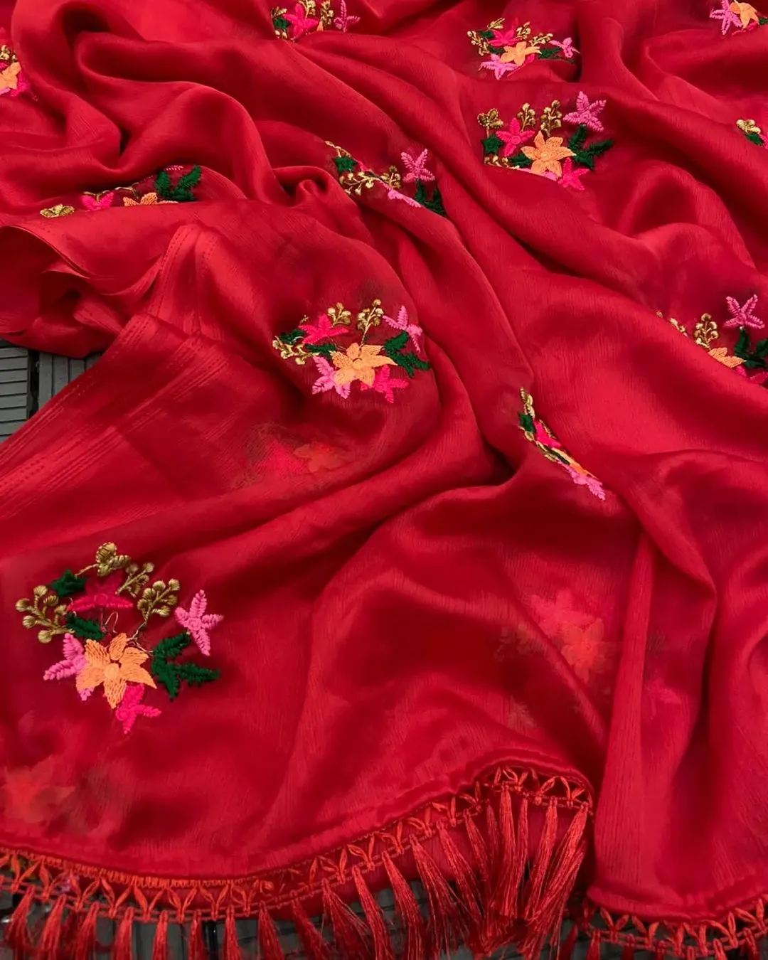 New Party Wear Chiffon Embroidery With Tussels Work Designer Saree With Blouse