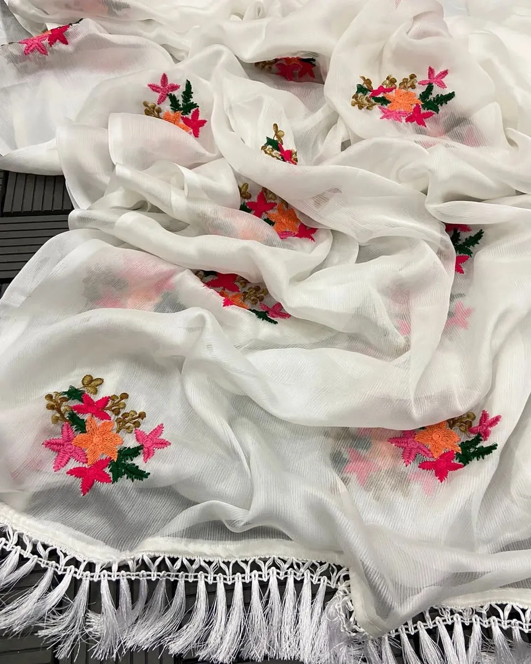 New Party Wear Chiffon Embroidery With Tussels Work Designer Saree With Blouse
