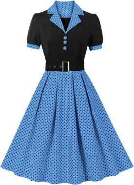 ODIZLI Women's 1950s Retro Dress Short Sleeve Notched Lapel Polka Dot Stripe Swing Dress with Belt Cocktail Dress