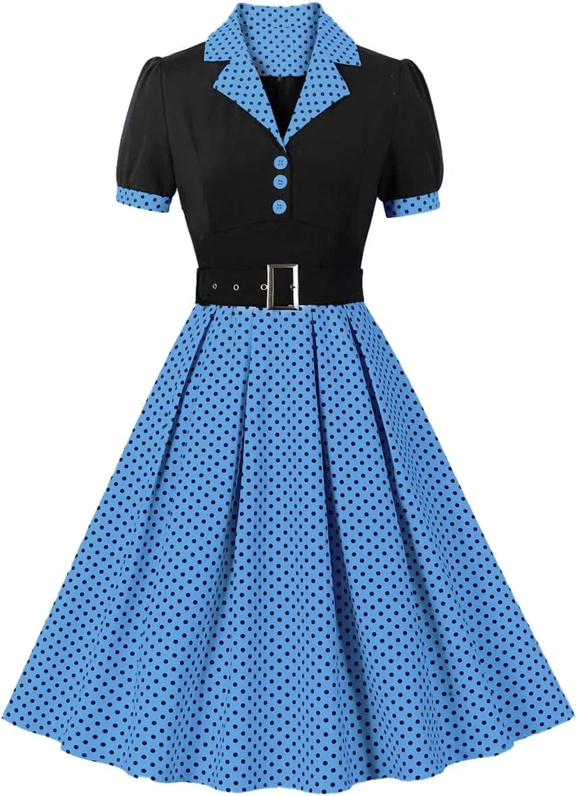 ODIZLI Women's 1950s Retro Dress Short Sleeve Notched Lapel Polka Dot Stripe Swing Dress with Belt Cocktail Dress