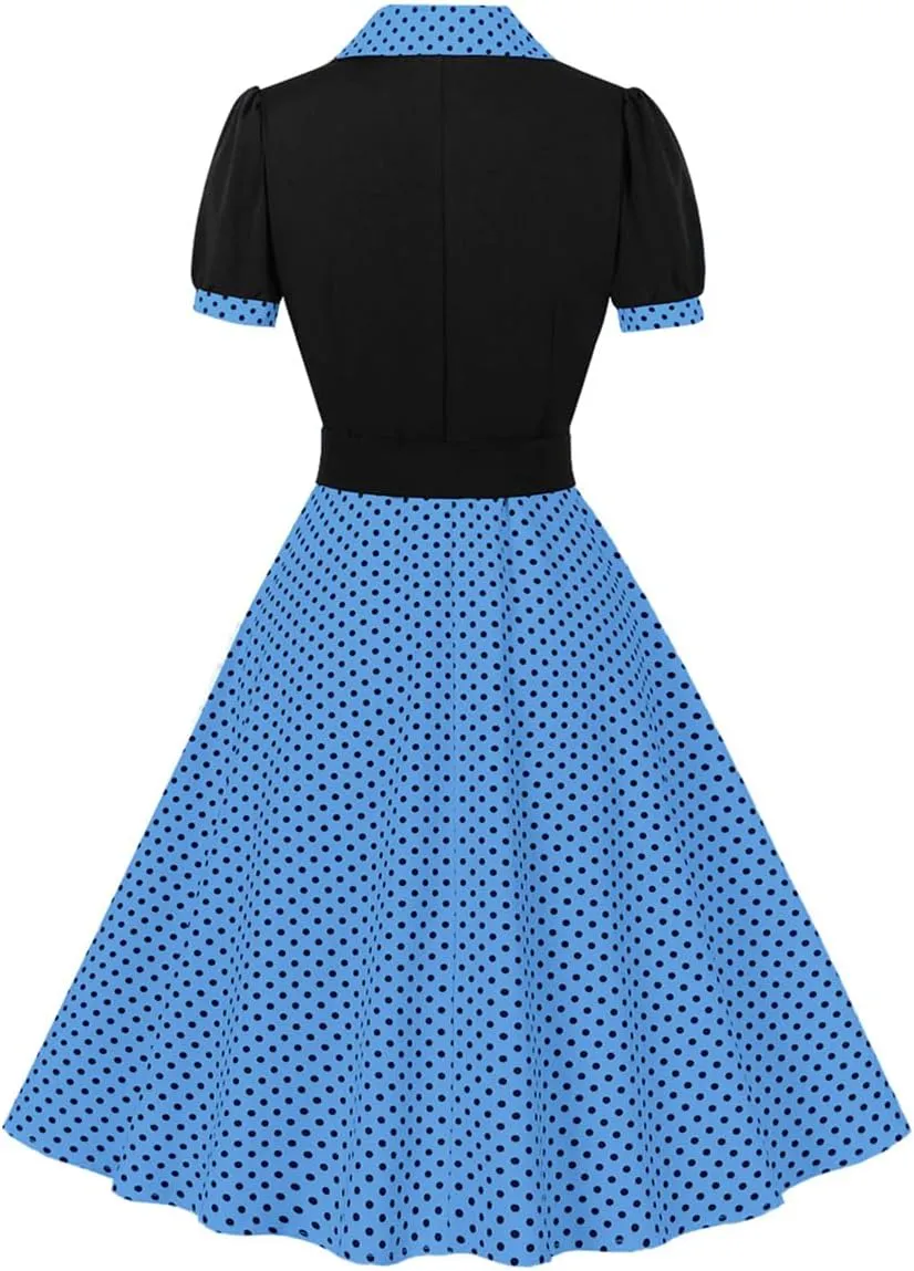 ODIZLI Women's 1950s Retro Dress Short Sleeve Notched Lapel Polka Dot Stripe Swing Dress with Belt Cocktail Dress