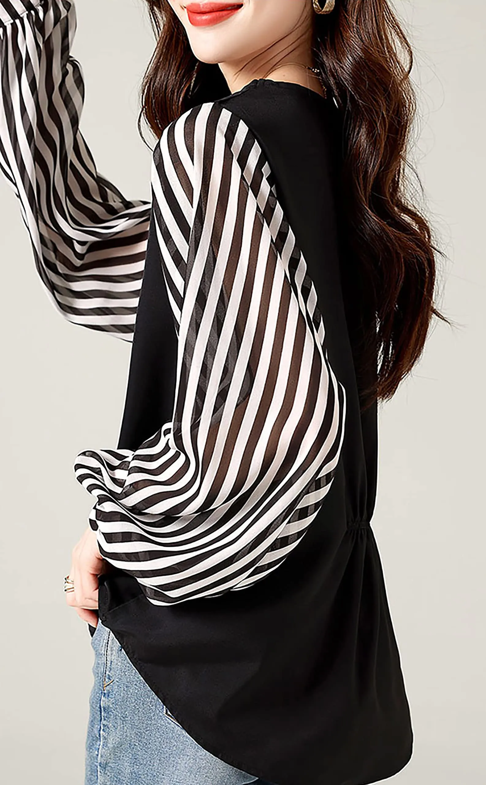Patchwork Long Sleeve Stripe Pullover Tops