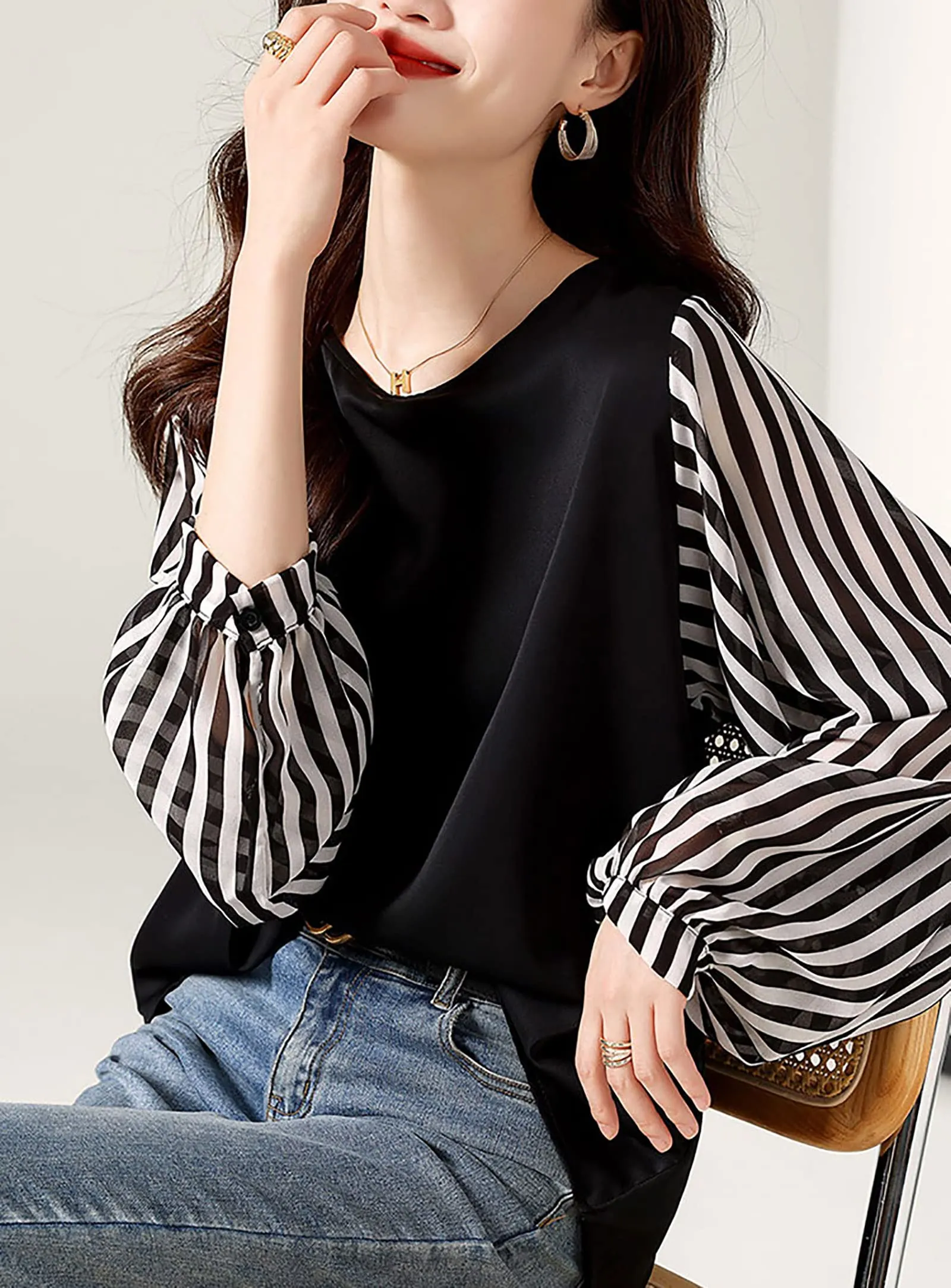 Patchwork Long Sleeve Stripe Pullover Tops