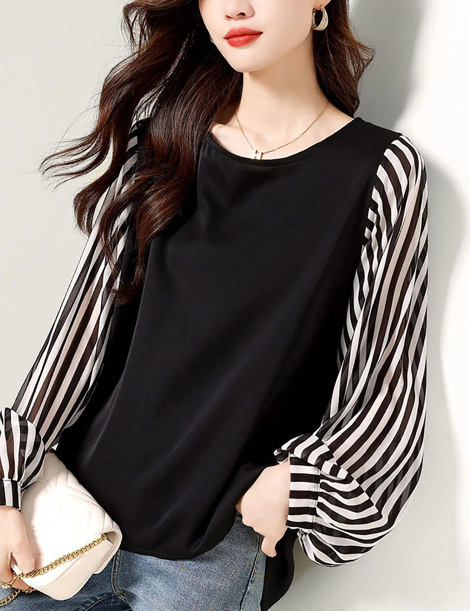 Patchwork Long Sleeve Stripe Pullover Tops