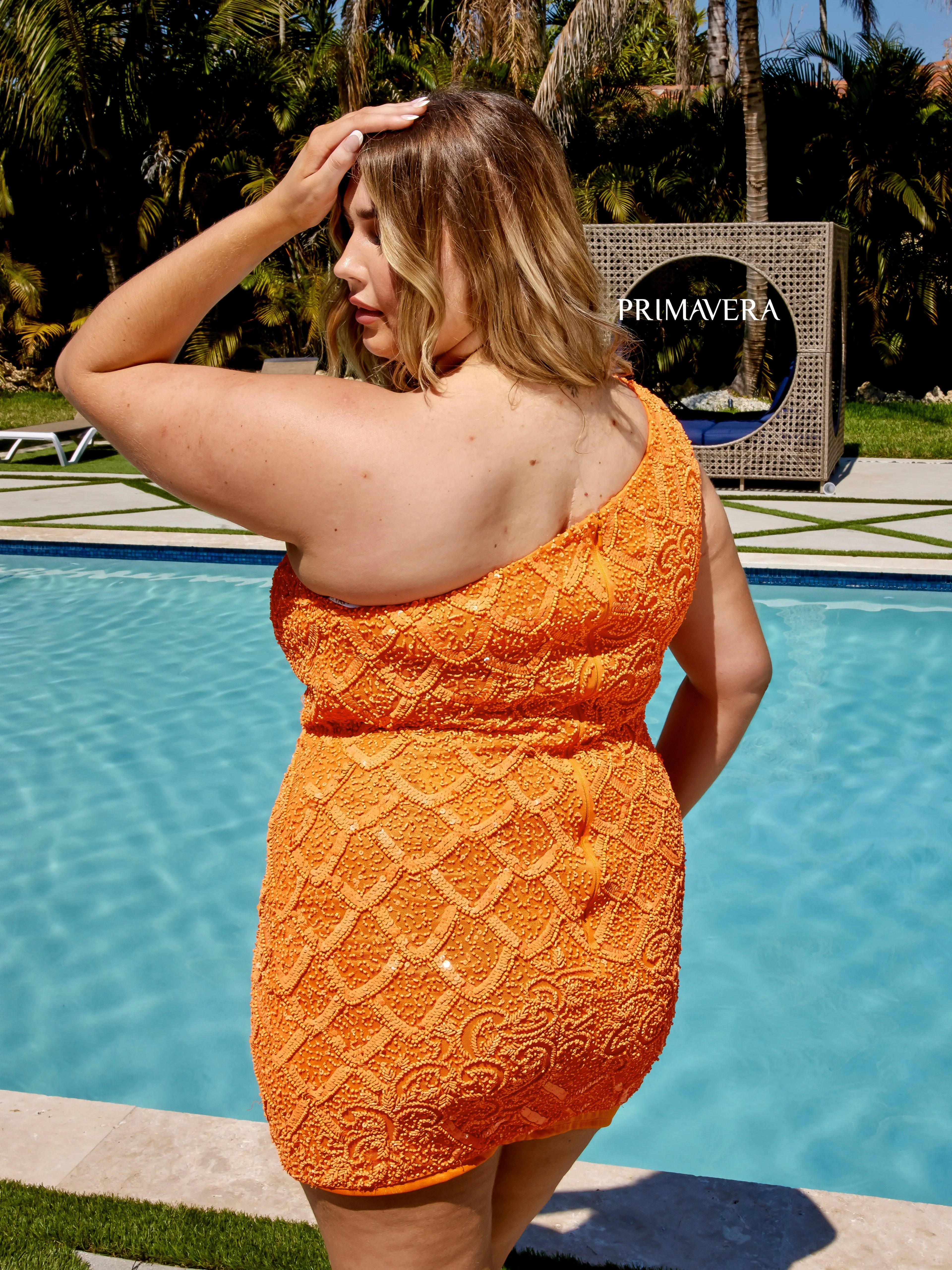 Primavera Couture 14023 Curvy Cocktail Dress One Shoulder Fully Embellished Sleeveless Short Homecoming Cocktail Dress