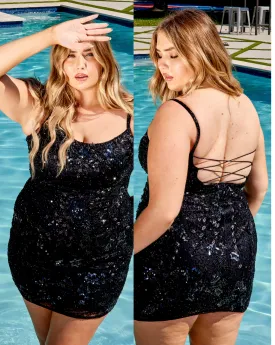 Primavera Couture 14028 Curvy Cocktail Dress Beaded Sequin Floral Design Spaghetti Strap Open Tie Back Short Curvy Homecoming Cocktail Dress