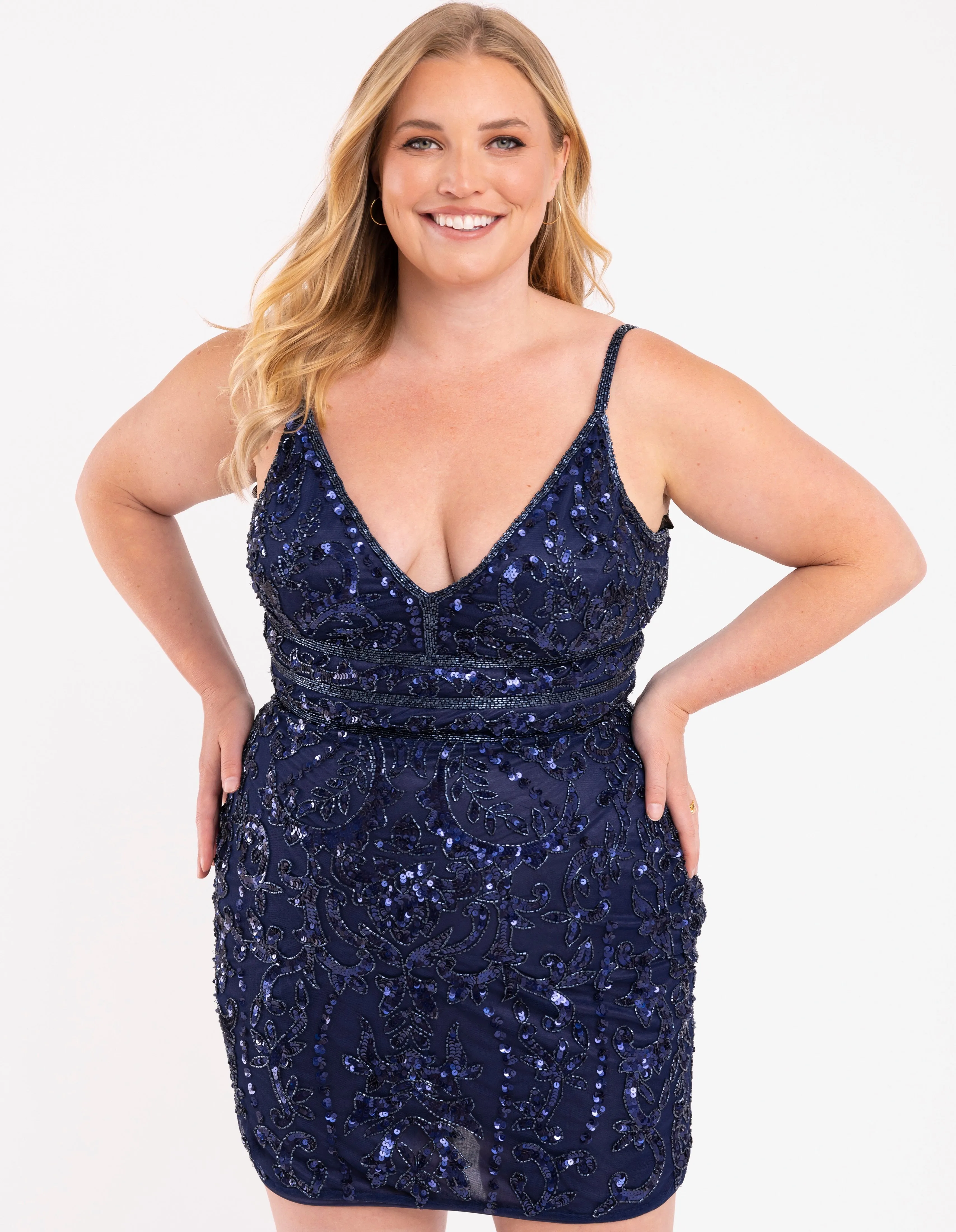Primavera Couture 14035 Curvy Cocktail Dress Sequin Embellished Beaded Belt V-Neck Curvy Short Homecoming Cocktail Dress