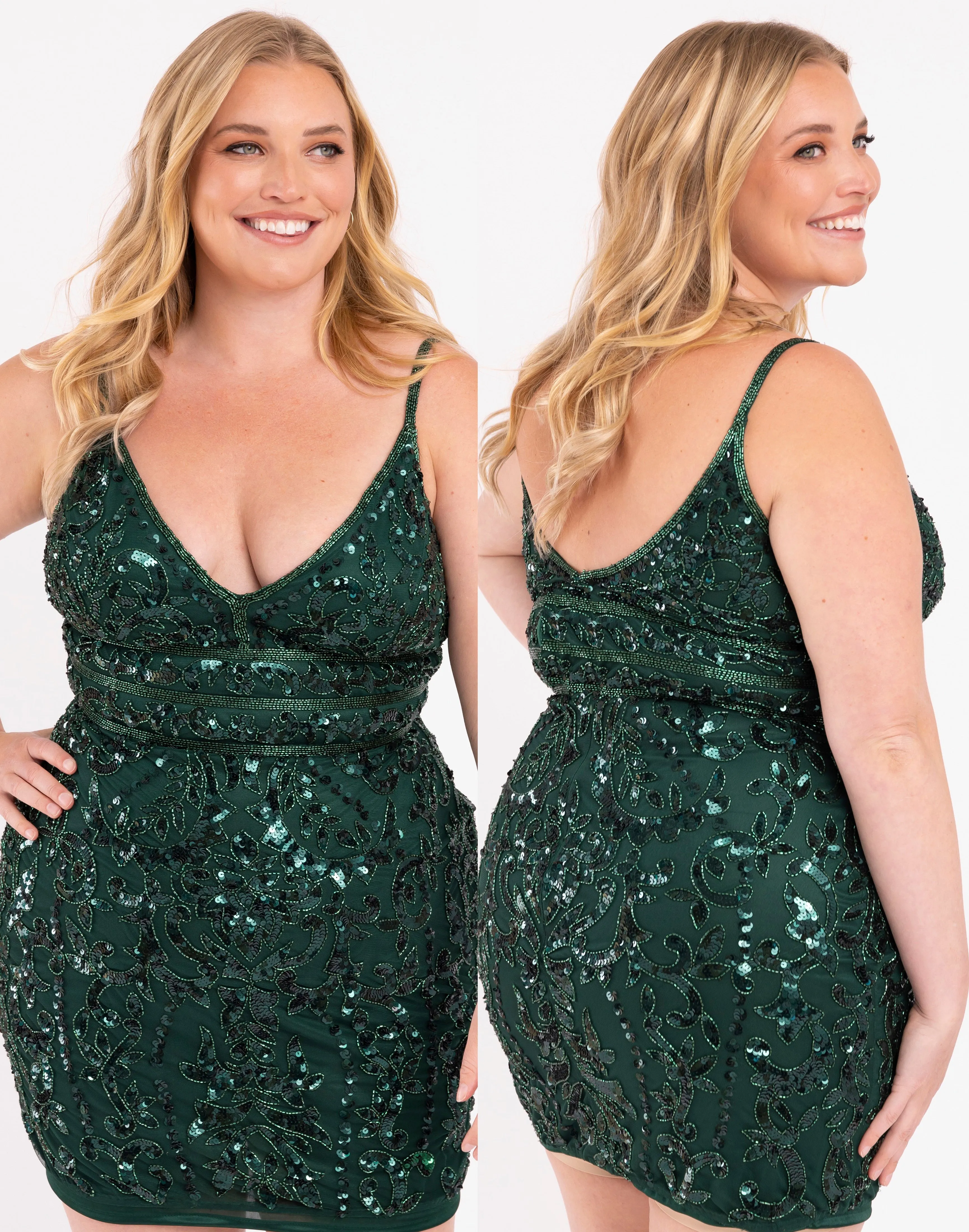 Primavera Couture 14035 Curvy Cocktail Dress Sequin Embellished Beaded Belt V-Neck Curvy Short Homecoming Cocktail Dress