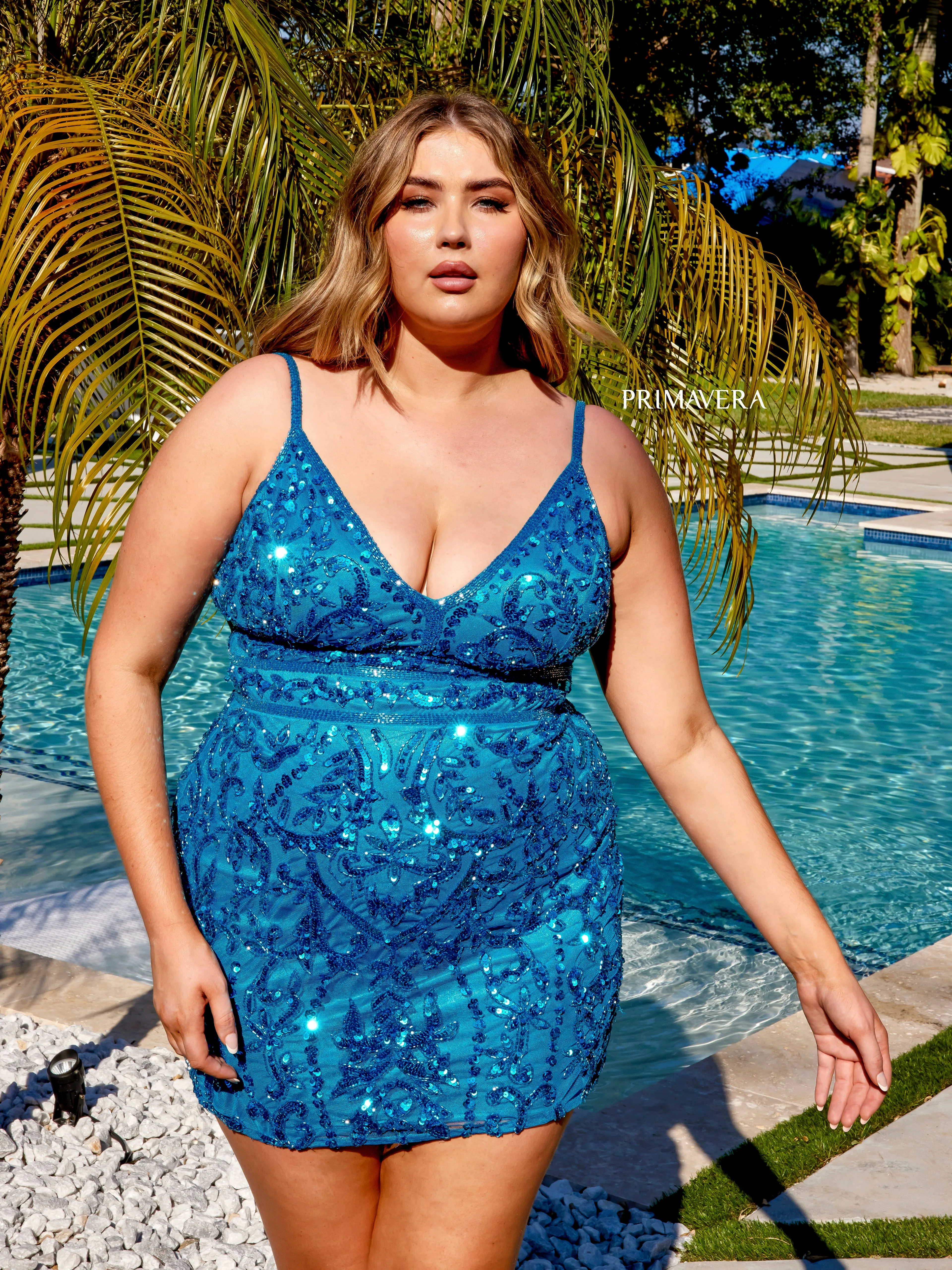 Primavera Couture 14035 Curvy Cocktail Dress Sequin Embellished Beaded Belt V-Neck Curvy Short Homecoming Cocktail Dress