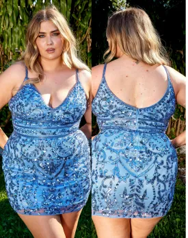 Primavera Couture 14035 Curvy Cocktail Dress Sequin Embellished Beaded Belt V-Neck Curvy Short Homecoming Cocktail Dress