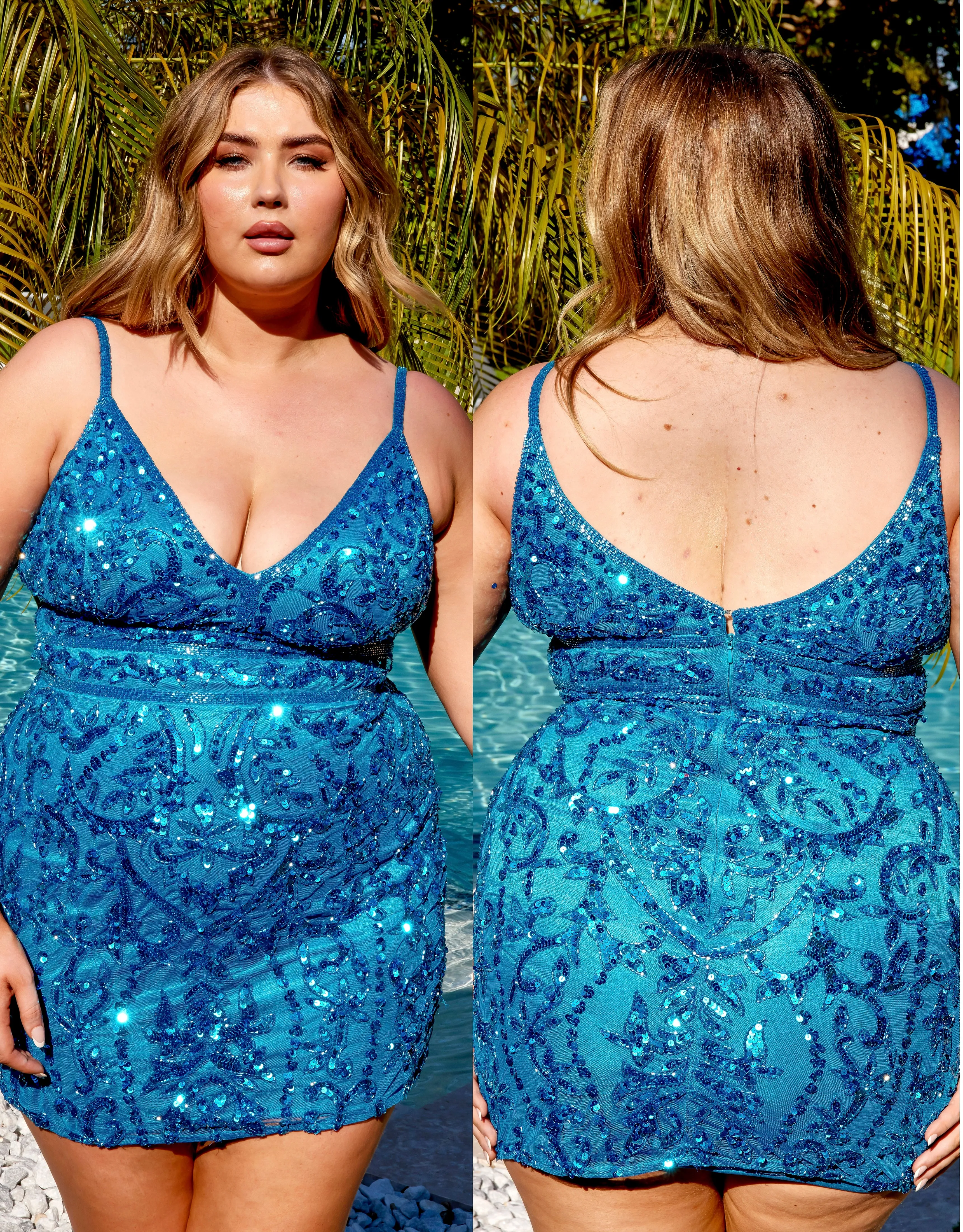 Primavera Couture 14035 Curvy Cocktail Dress Sequin Embellished Beaded Belt V-Neck Curvy Short Homecoming Cocktail Dress
