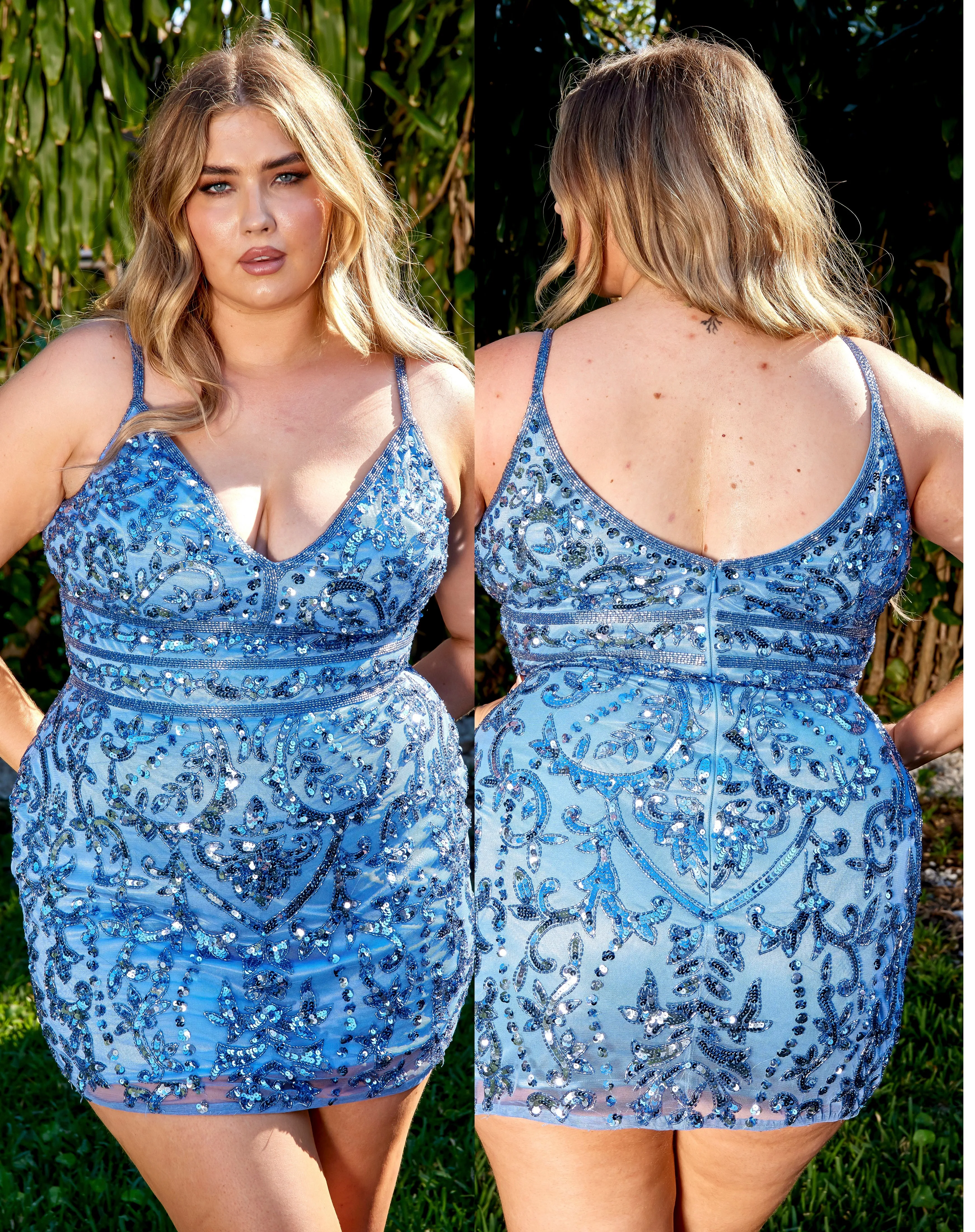 Primavera Couture 14035 Curvy Cocktail Dress Sequin Embellished Beaded Belt V-Neck Curvy Short Homecoming Cocktail Dress