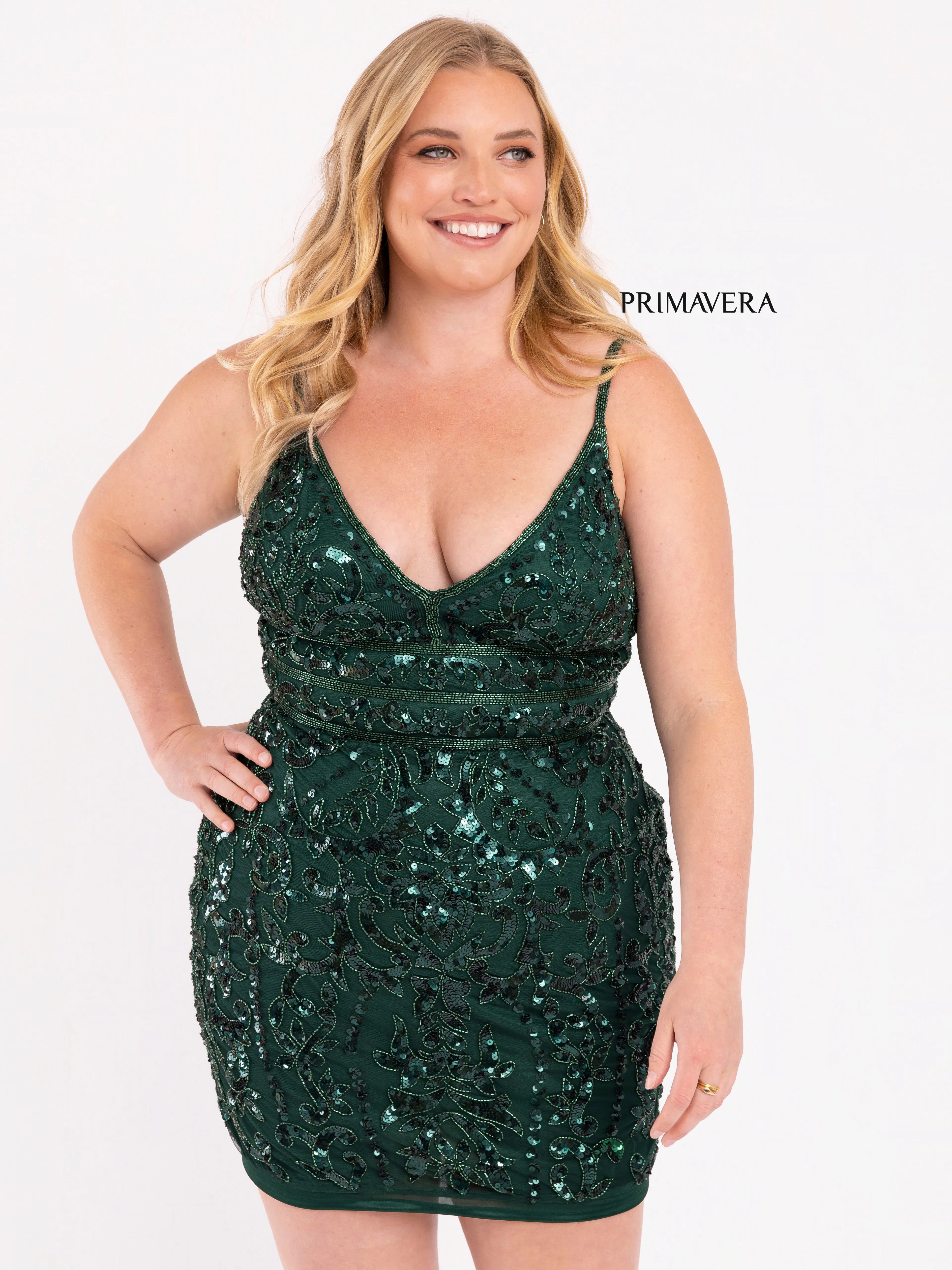 Primavera Couture 14035 Curvy Cocktail Dress Sequin Embellished Beaded Belt V-Neck Curvy Short Homecoming Cocktail Dress