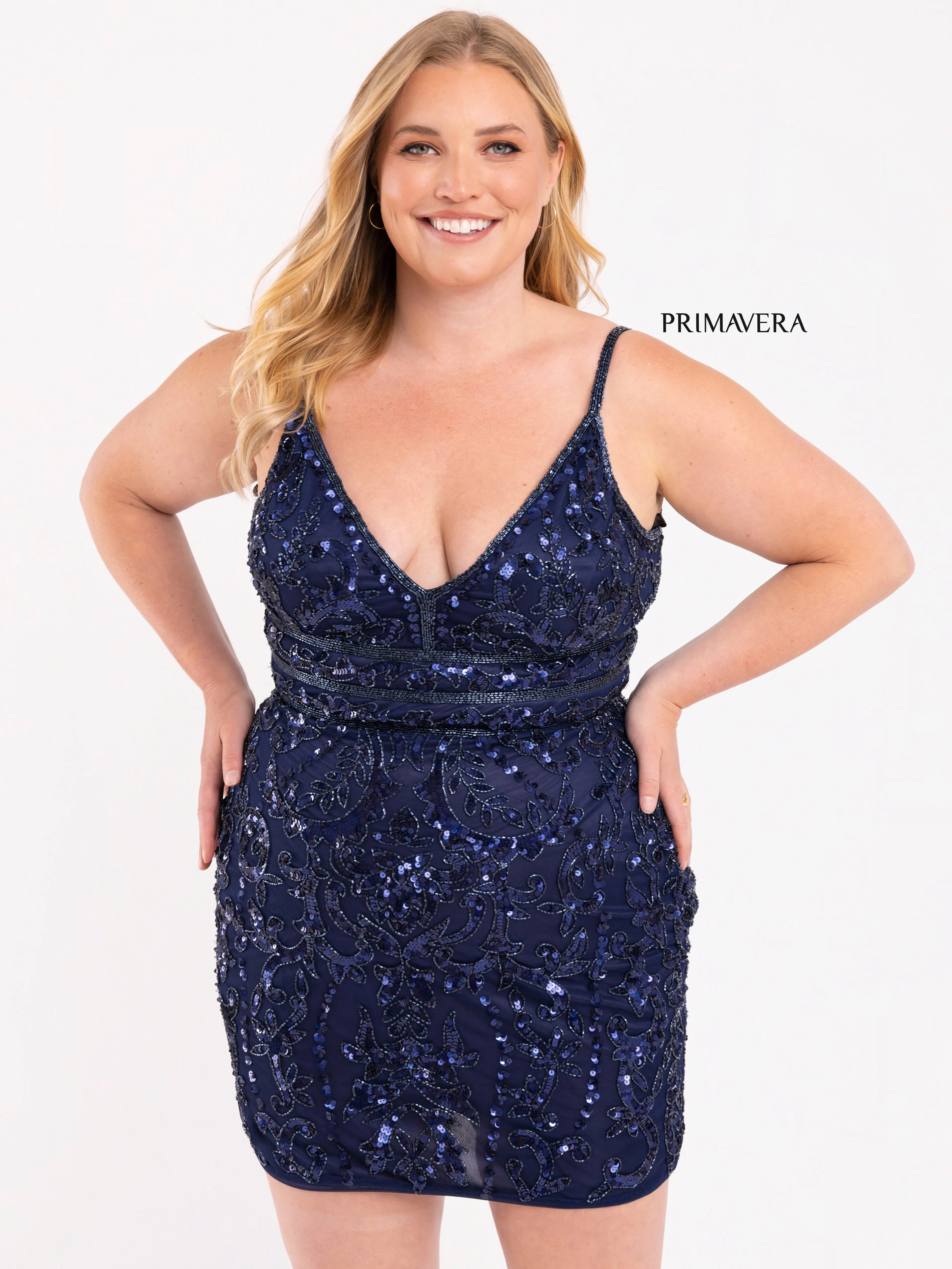 Primavera Couture 14035 Curvy Cocktail Dress Sequin Embellished Beaded Belt V-Neck Curvy Short Homecoming Cocktail Dress