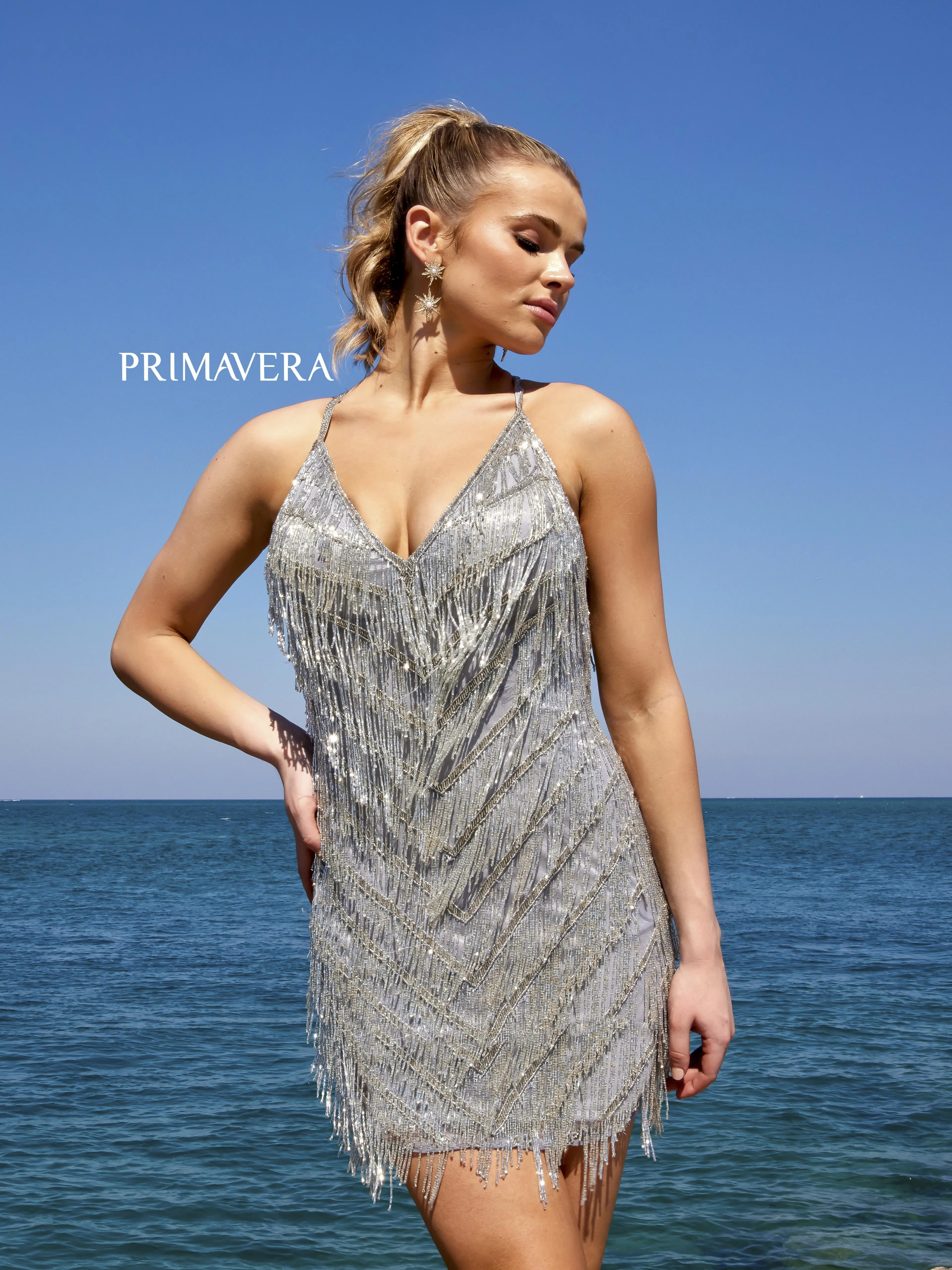 Primavera Couture 4019  Fringe Cocktail Dress V-Neck Cross Back Sequin And Fringe homecoming Cocktail Dress
