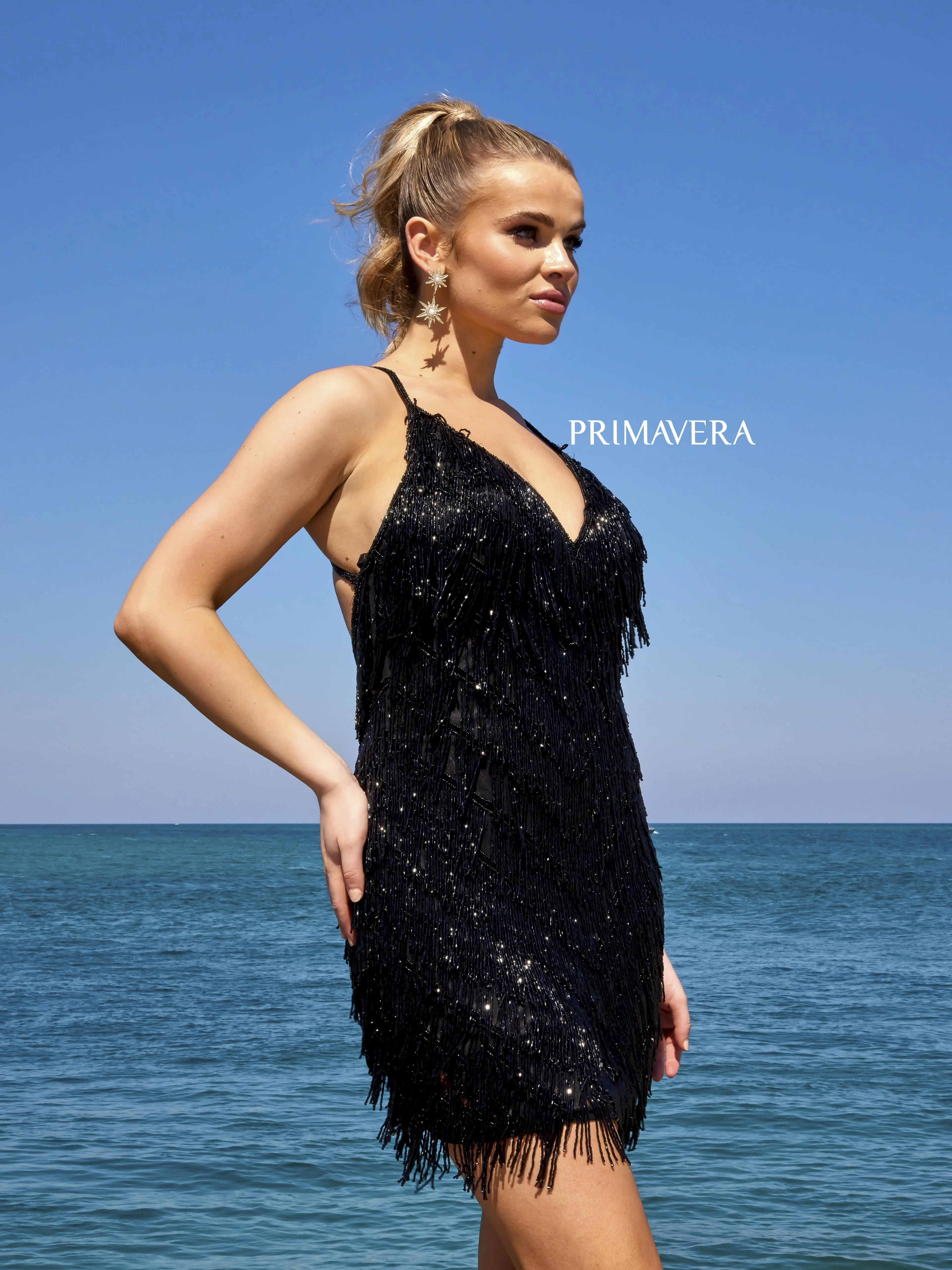 Primavera Couture 4019  Fringe Cocktail Dress V-Neck Cross Back Sequin And Fringe homecoming Cocktail Dress