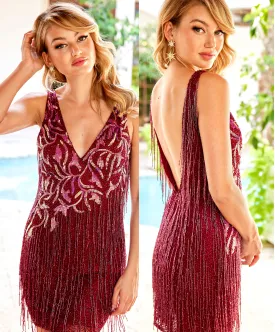 Primavera Couture 4031 Fringe Cocktail Dress Fully Embellished Beaded And Sequin V-Neck Homecoming Dress