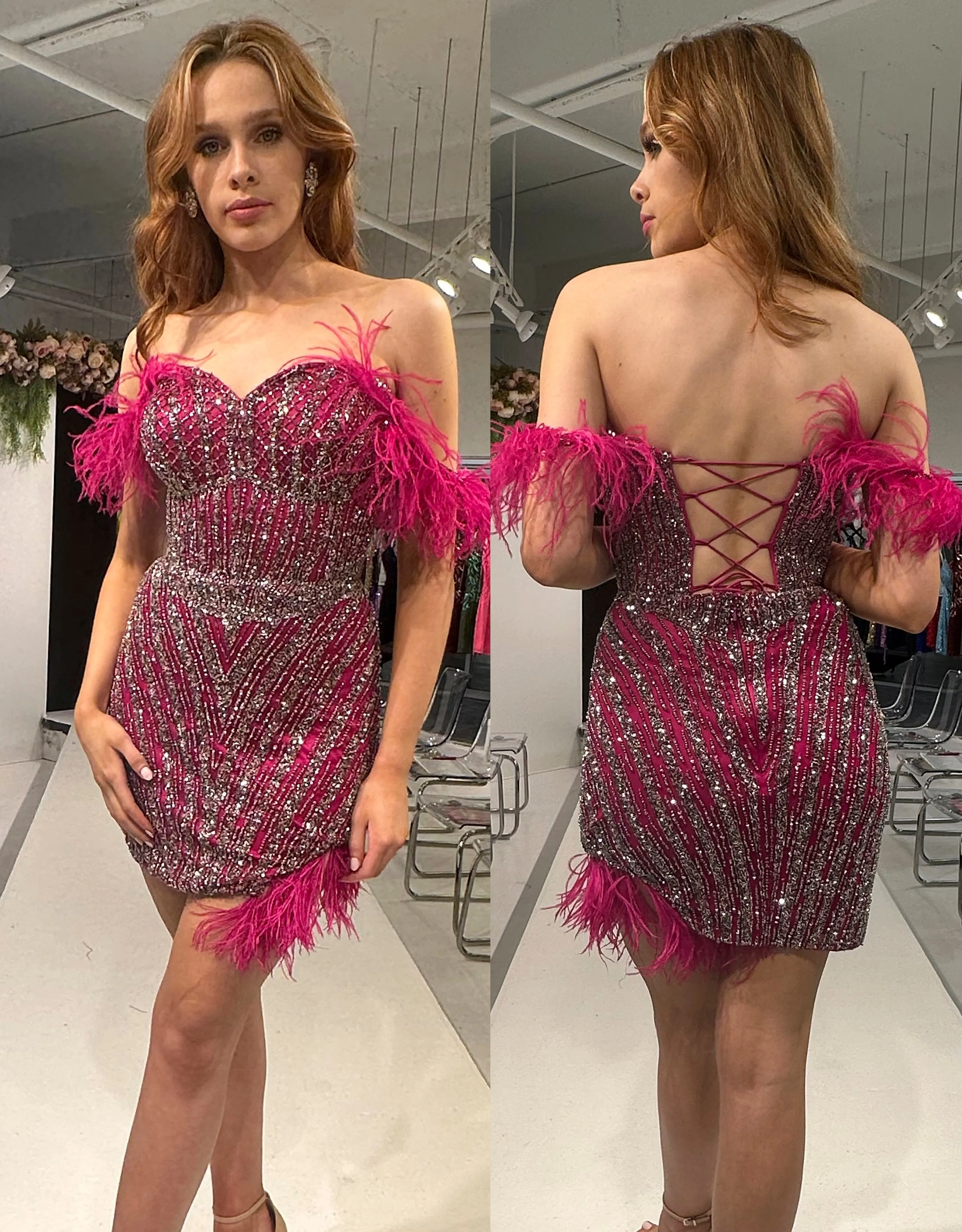Primavera Couture 4058 Off The Shoulder Feather Detail Beaded Sequin Corset Feather Detailing on Bottom Short Fitted Homecoming Cocktail Dress