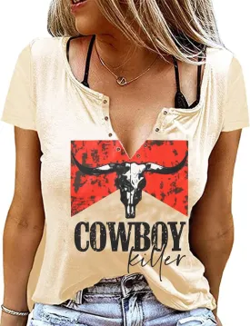 Retro Western Cowboy Shirt Women Country Music Cute Cattle Skull Graphic Concert Outfit Tops