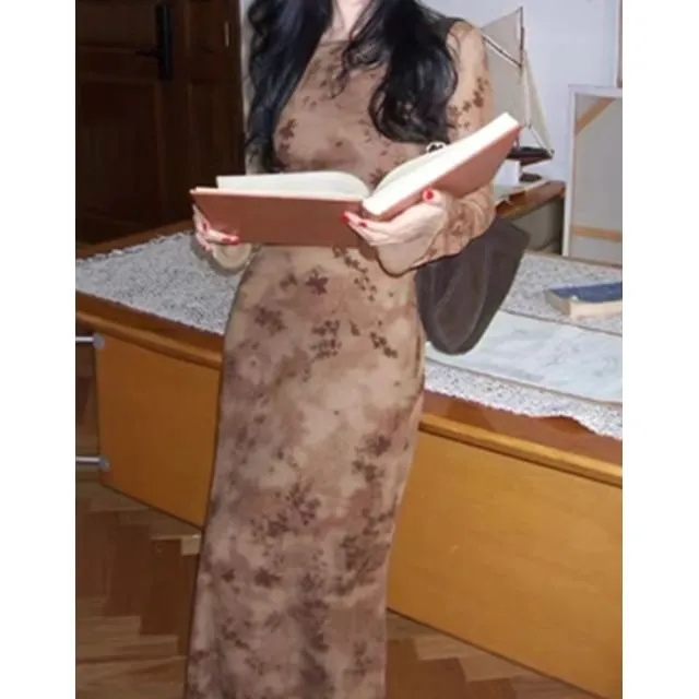 Set: Long-Sleeve Crewneck Floral Print Maxi Sheath Dress   Slip Dress