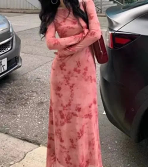 Set: Long-Sleeve Crewneck Floral Print Maxi Sheath Dress   Slip Dress