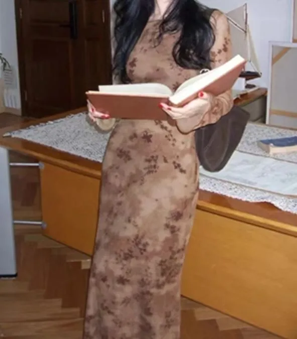 Set: Long-Sleeve Crewneck Floral Print Maxi Sheath Dress   Slip Dress