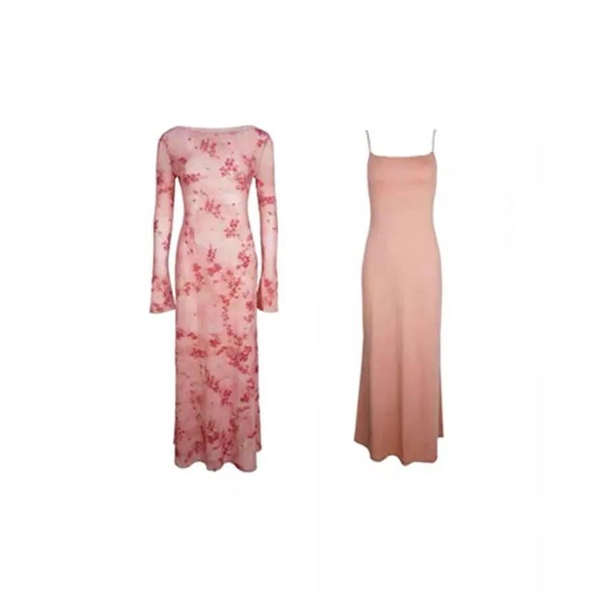 Set: Long-Sleeve Crewneck Floral Print Maxi Sheath Dress   Slip Dress