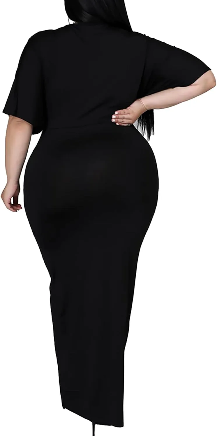 Sexy Plus Size Maxi Dress for Curvy Women V Neck Short Sleeve Wedding Guest Dress Party Dress