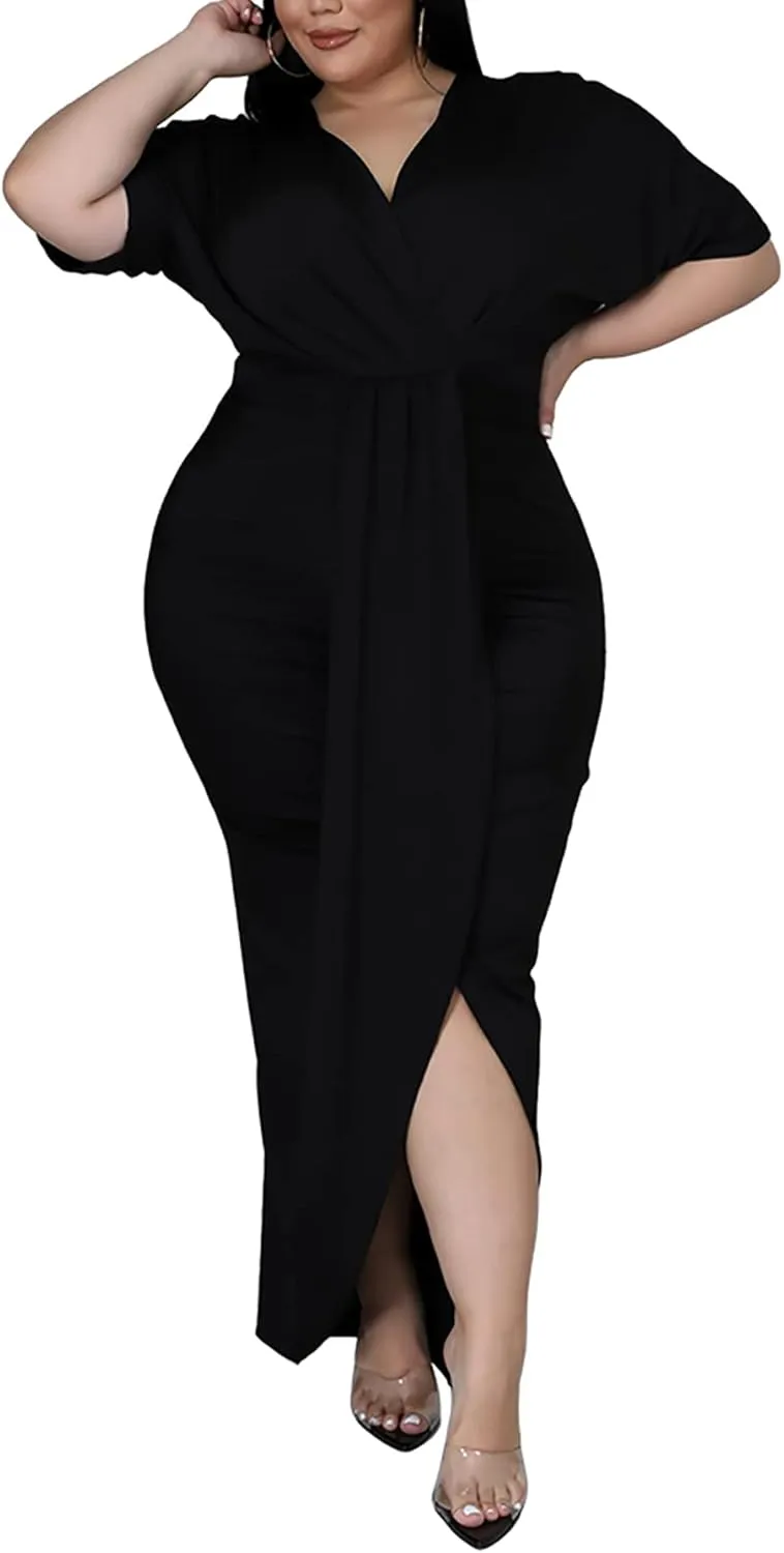 Sexy Plus Size Maxi Dress for Curvy Women V Neck Short Sleeve Wedding Guest Dress Party Dress